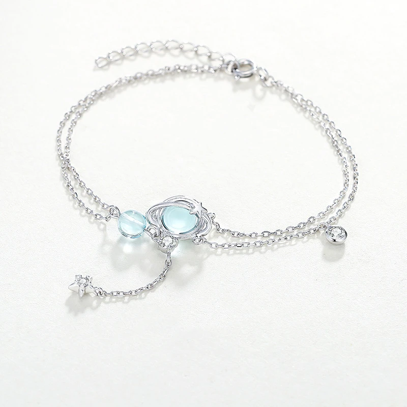 925 Sterling Silver 19CM Double Bracelet Aquamarine Crystal Encrusted Bracelet Elegant Feminine Trend Jewelry