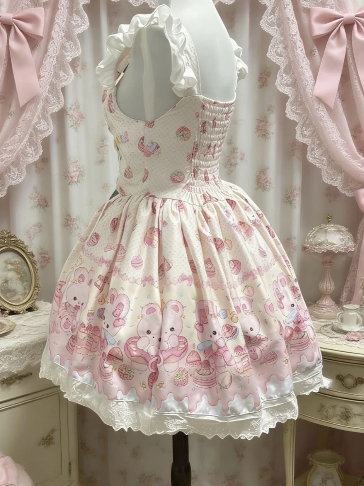 2026 Summer Sweet Japanese Cute Pink Kawaii Dress Design Lovable Pretty Lace Rabbit Print Slim Patchwork Cake Dresses Women view 2