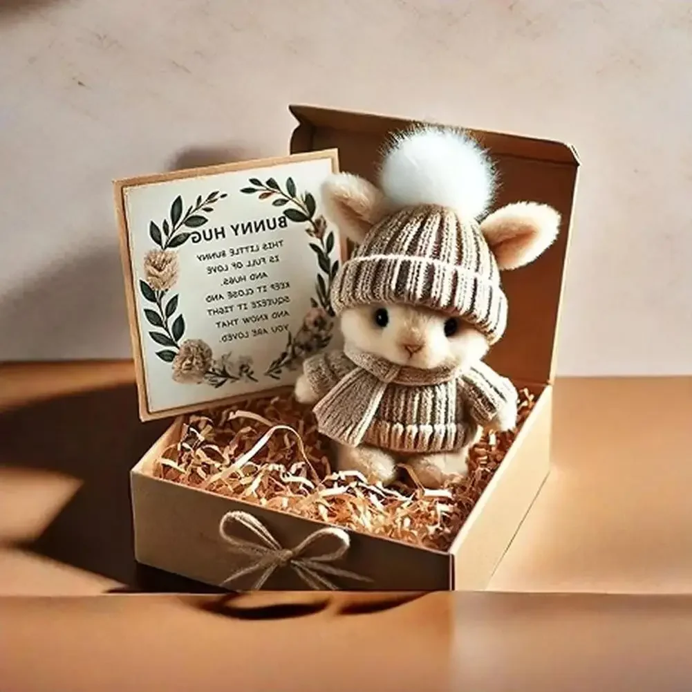 Милый пасхальный подарок, мини-кролик, плюшевый кролик с вязаной шапкой и мягким карманом, эмоциональная поддержка кролика с подарочной коробкой, карточкой