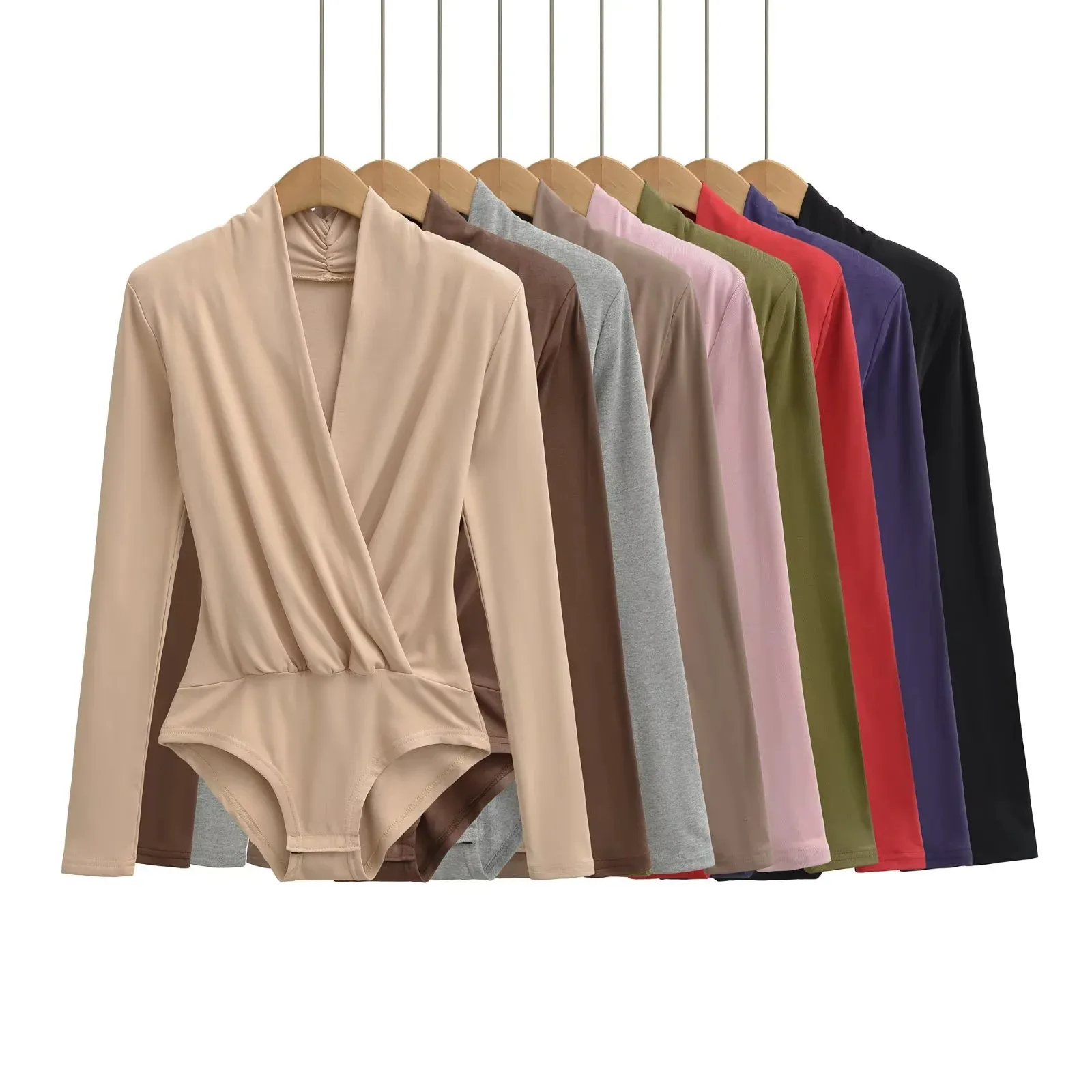 Trendy Pleated V-Neck Long Sleeve Top 2026 Spring New Style Padded Shoulder Fleece-Lined Slim Fit Jumpsuit   L6H6