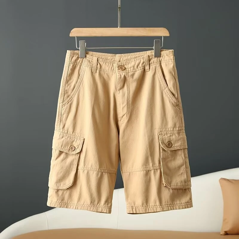 New Summer Men's Sports Multi-Pocket Cotton Cargo Shorts Solid Color Simple Wear-Resistant Loose Knee Length Shorts