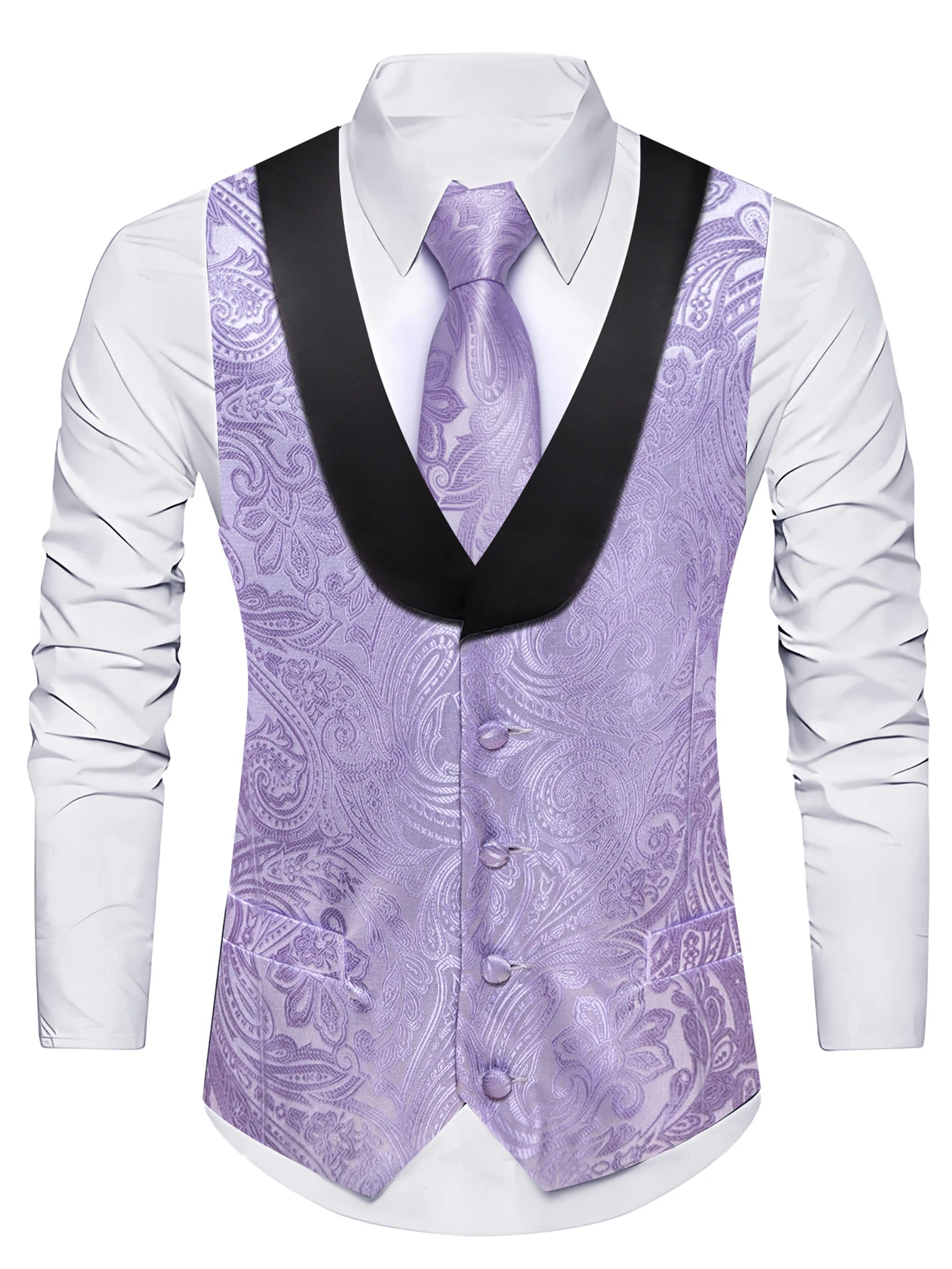 Lavender Shawl Collar Paisley V-Neck Vest 4Pcs Set Tie Pocket Square Cufflinks For Romantic Wedding Bridal Event