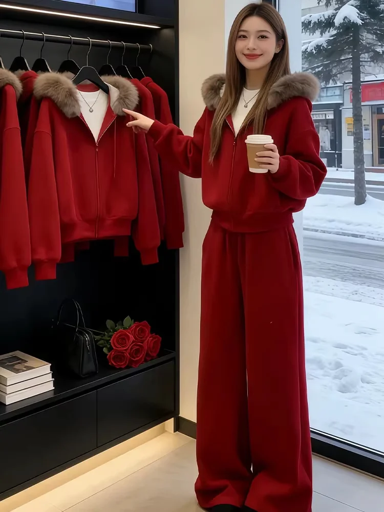 

Red Hooded Jaet And Wide Leg Pants Set with Fur Collar Casual Winter Outfit Two Piece Suite Fem High Waist Warmth Clothing