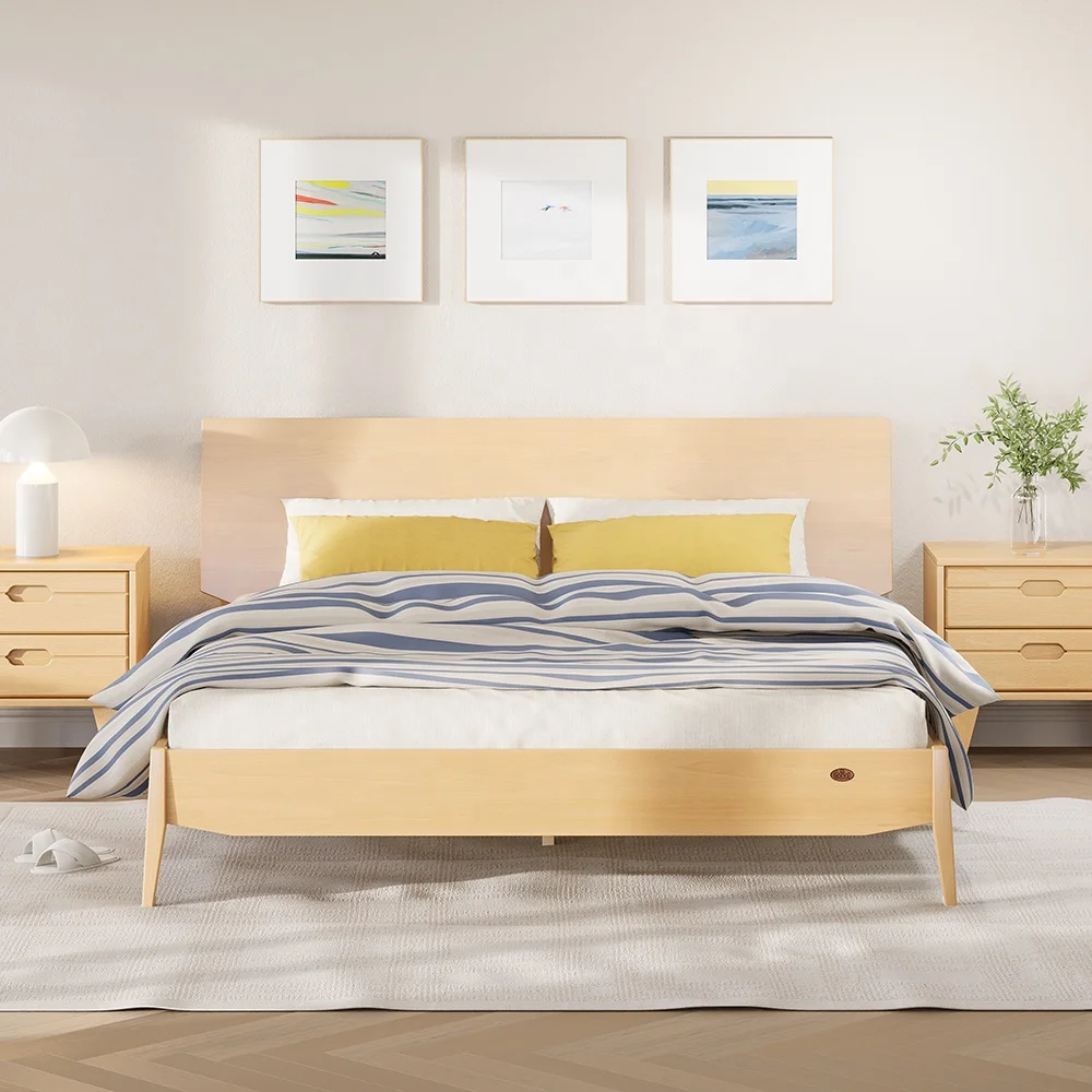 Modern Nordic Style Custom Solid Wood Field Queen King Size Bed Elegant Double Wooden Platform Bed Frame for Adults - view 4