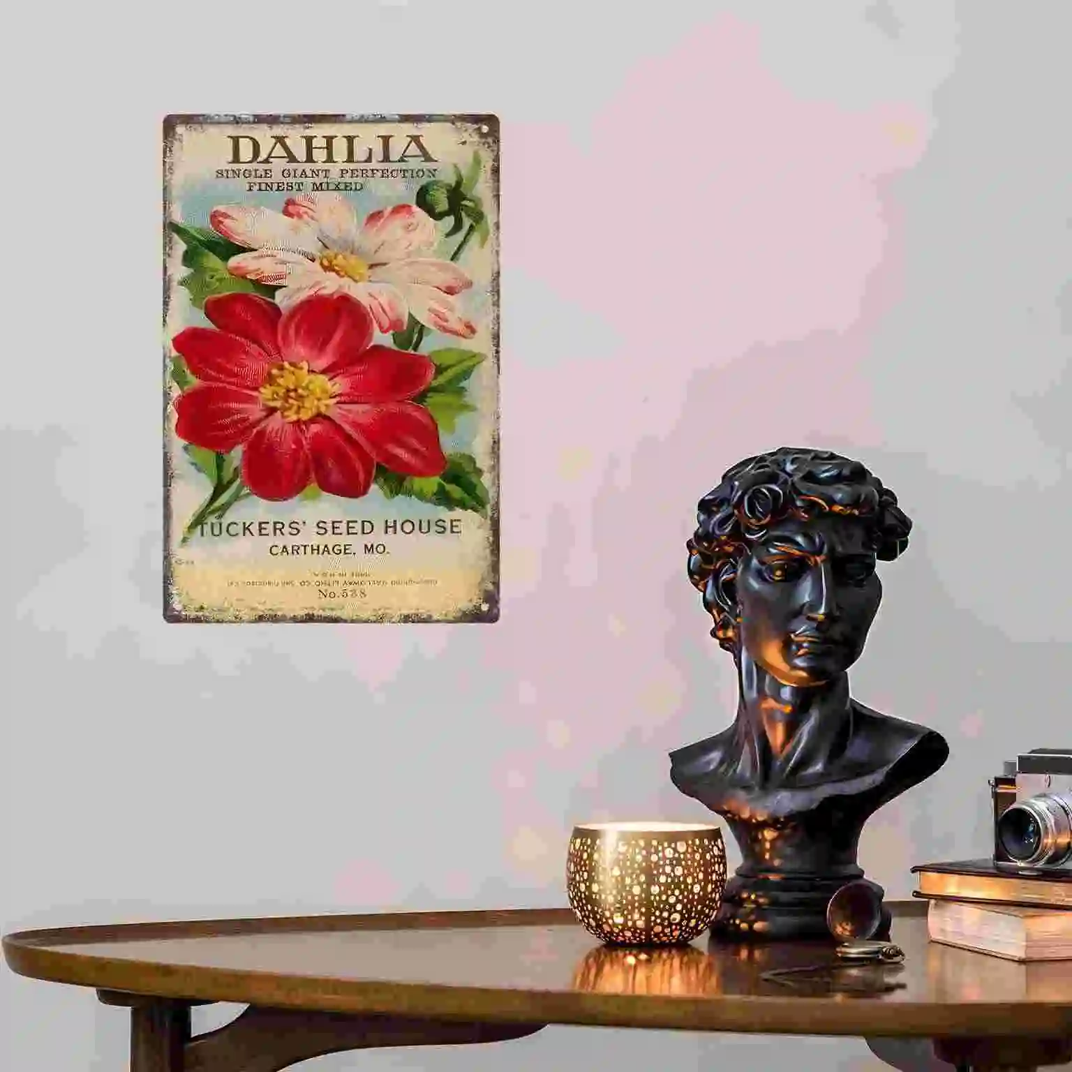 2D FLAT 1pc Vintage Dahlia Flower Seed Packet Metal Wall Sign Decoration for Home Cafe Garage Bedroom Porch And Garden view 3