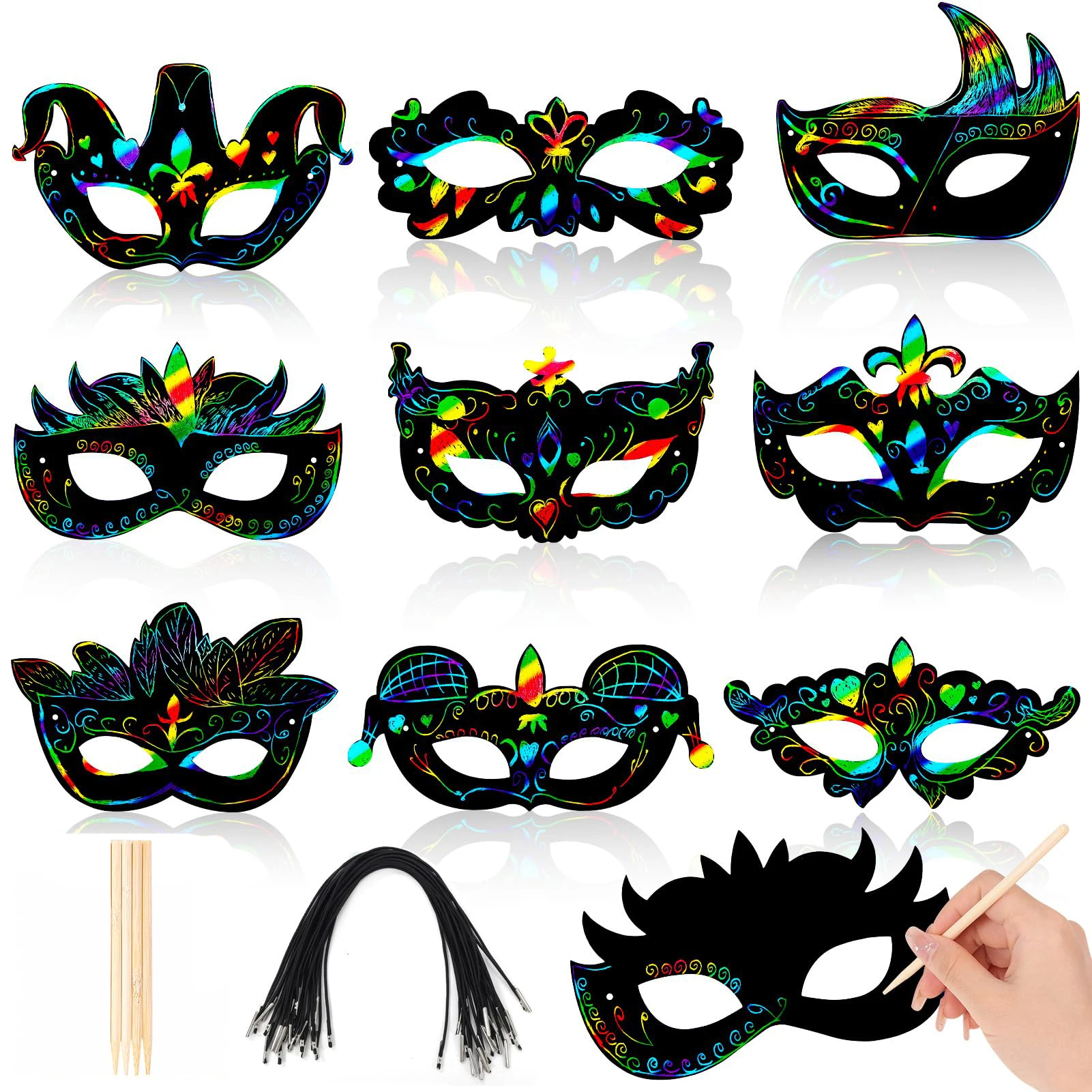 Máscara de Mardi Gras, tarjetas para rascar, carnaval, baile de graduación, arte para rascar, mascarada de arcoíris, máscara colgante DIY, fiesta de Mardi Gras