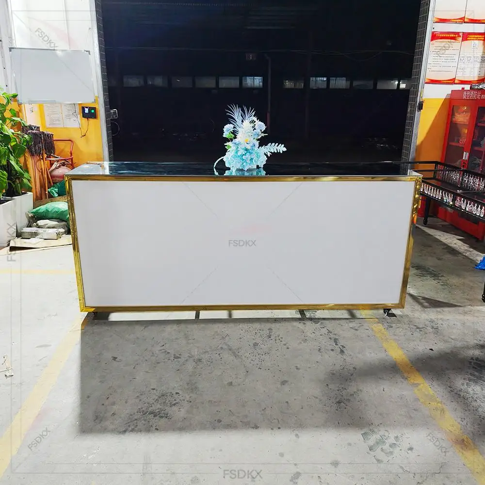 Hot Sale Mirror Gold Frame White Bar Counter Movable Reception Desk With Wheels for Wedding Banquet Hotel Event