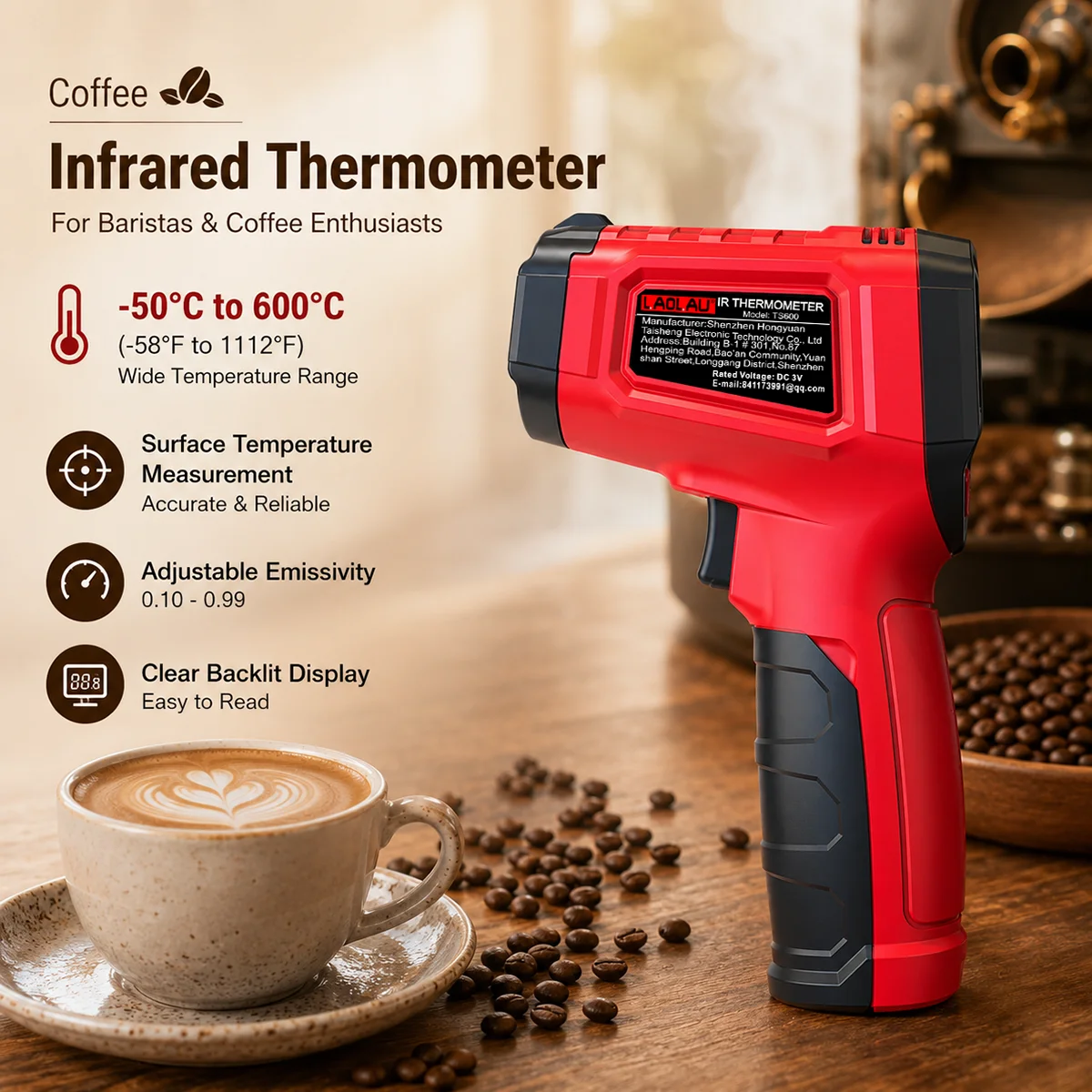 Infrared Coffee Thermometer Gun Non Contact Temperature Meter -50 to 600C Adjustable Emissivity Coffee Roasting Coffee Equipment