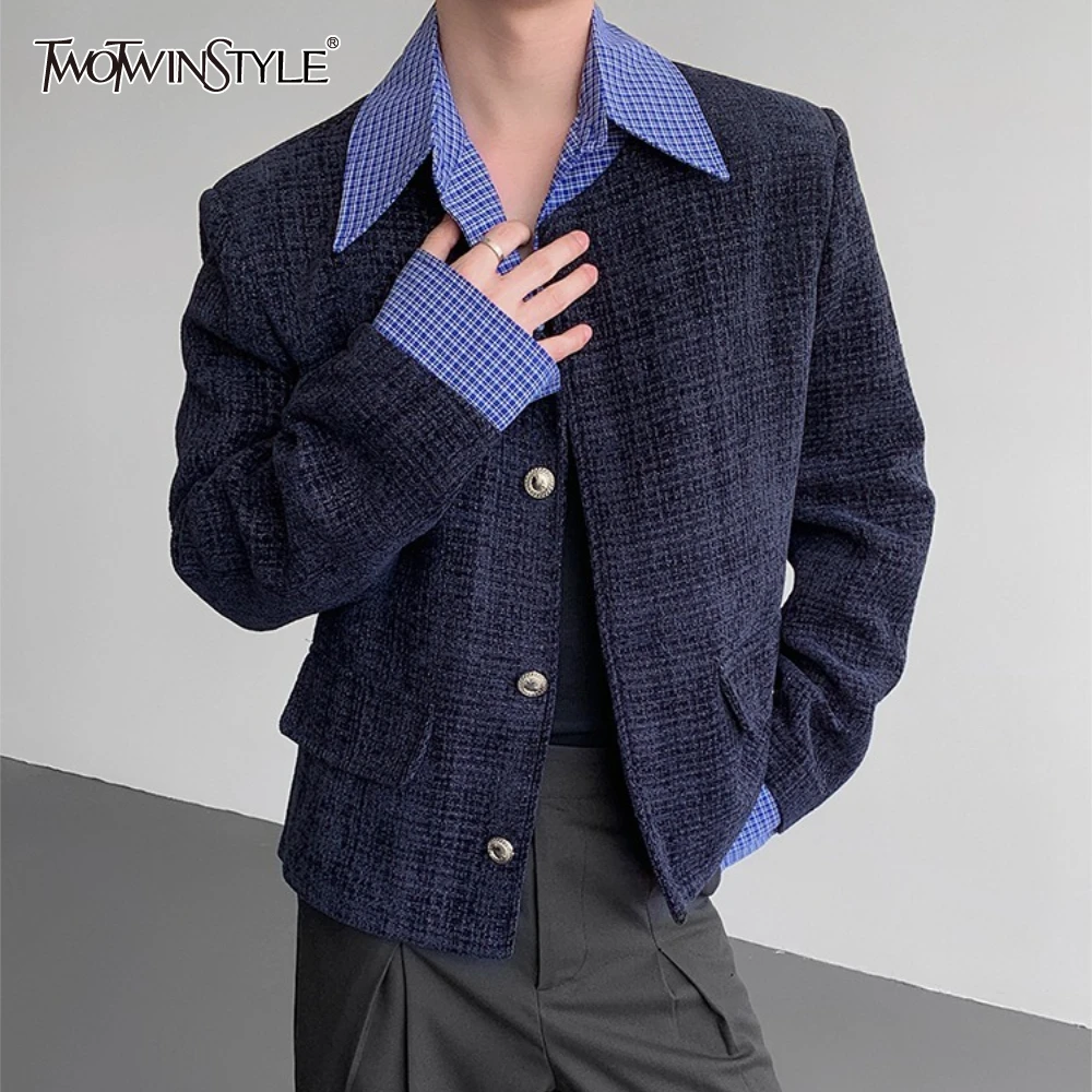 

TWOTWINSTYLE Blue Spliced Plaid Jacket Female Lapel Long Sleeve Loose Casual Streetwear Women's Jackets Autumn Fashion Style New