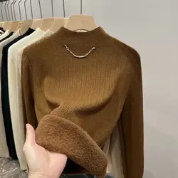 Half Turtleneck Sweater Winter Thicken Elegant Solid Basic Knitted Tops Fashion Warm Plus Velvet Elastic pullover Sweaters