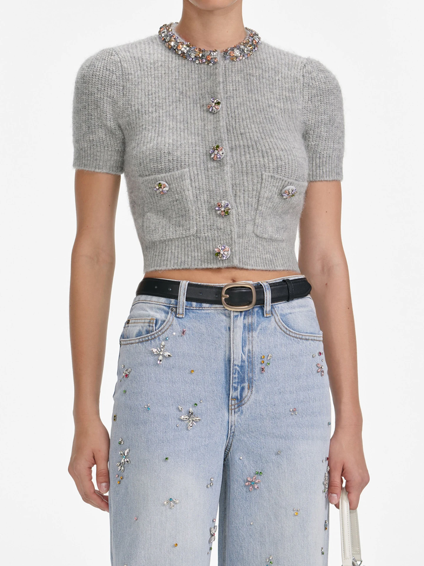 

Premium Summer ort Knitted Diamond Embellied Slim Fit Cardigan Top Ele Commute Sle round Ne Button Detail