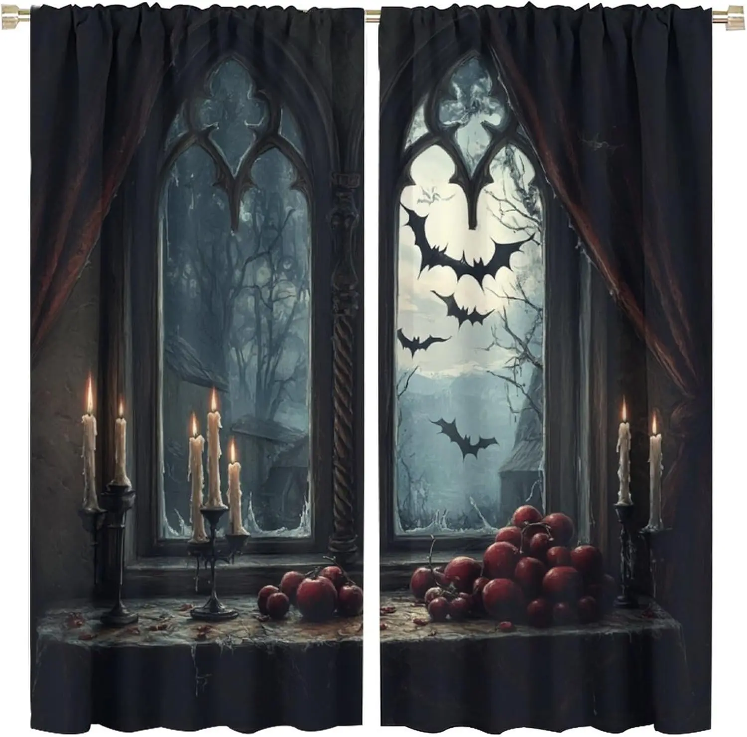 Gothic Palace Window Blackout Curtains for Bedroom, Grommet Drapes Thermal Insulated Room Darkening Mystical Candle Bat Curtains
