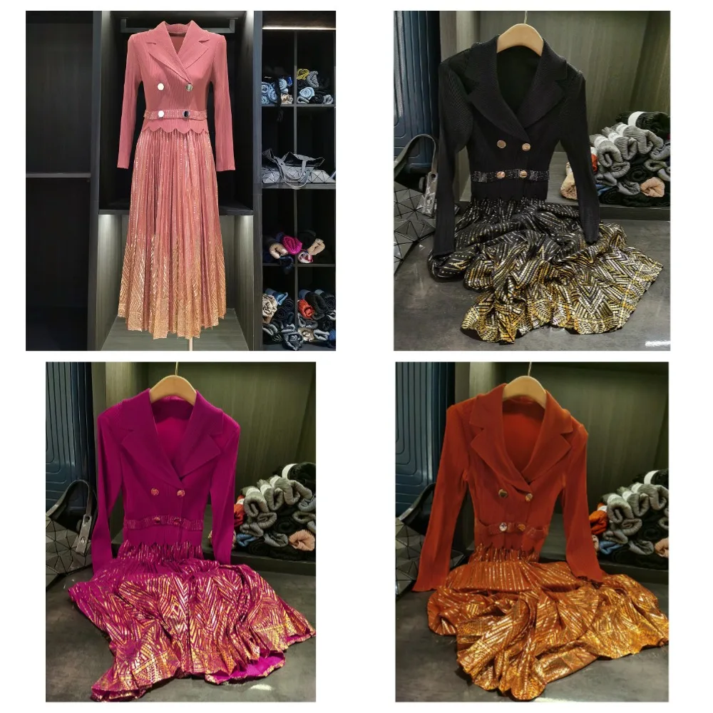 

Miyake Pleated 2025 Autumn New Item Spliced Fake Two-piece Pleated Suit Collar Long Sleeved Chic Elegant Gold Foil Printed Dress