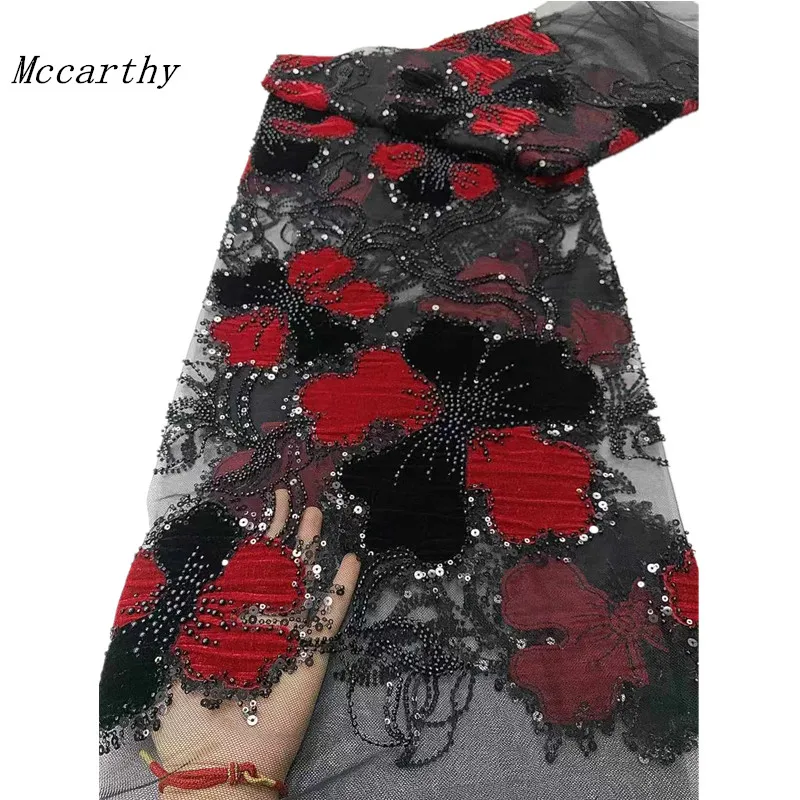 

2025 Высокое качество, расшитая бисером кружевная ткань, вышивка, блестки, бархат, французское роскошное кружево, африканская черная кружевная ткань, нигерийское платье