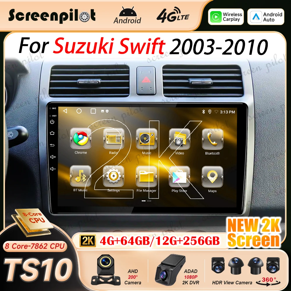 Android 16 Car Radio Stereo For Suzuki Swift 2003 2004 2005 2006-2010 2K QLED Multimidia Player GPS Carplay Android Auto 8 Core