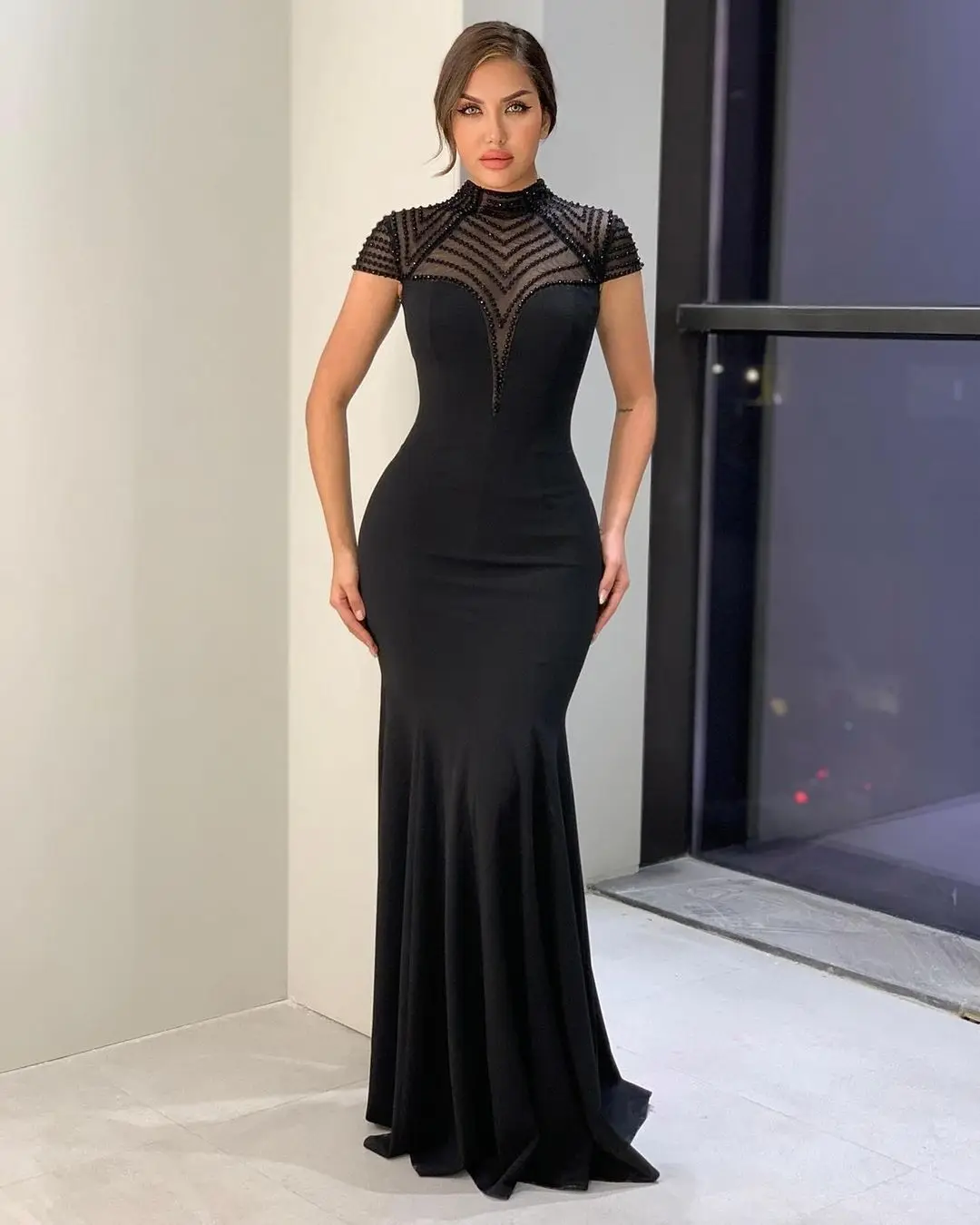 High-Neck Prom Dresses Long Sleeves With Floor Length Formal Women Evening Dress Women Wedding Party Gowns