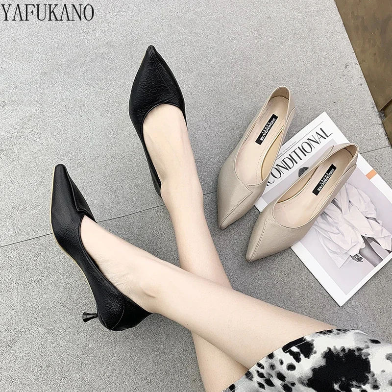 French Style Small Leather Shoes Simple Cozy Soft Leather High Heels Womens Pumps 3 Cm Low-Heel Pointed Toe Ladies Single Shoes