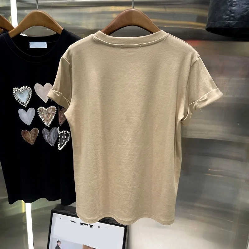 Neploe Fashion All-match Heart Beading O-neck T-shirts Y2k Short Sleeve Loose Tee Shirt 2024 Summer New White Tops Women