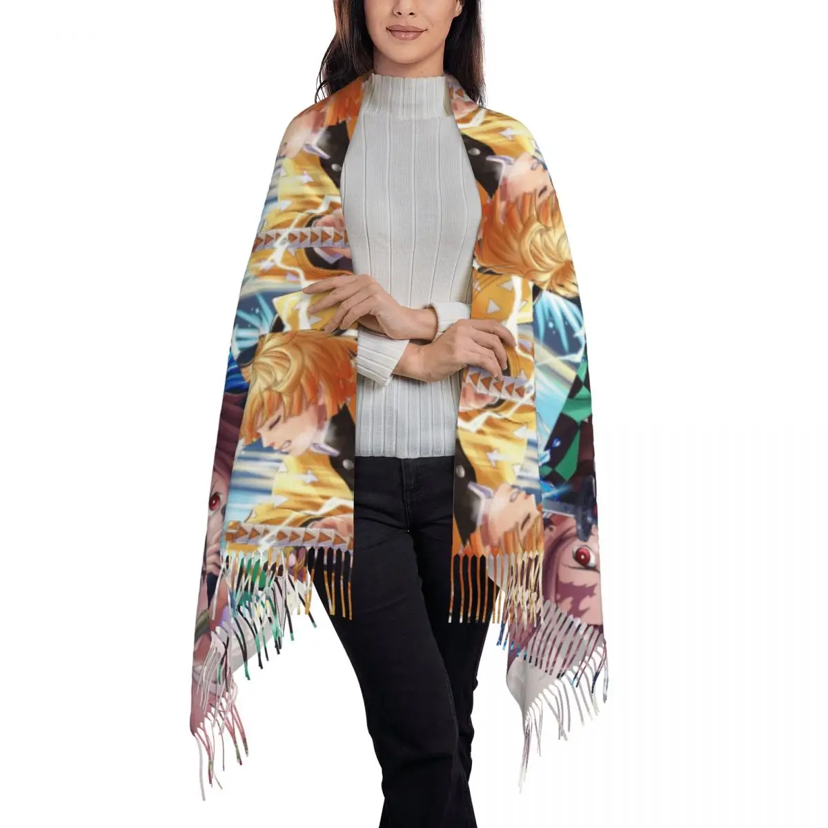 Demon Slayer Scarf Tassel Scarves for Women Soft Warm Shawls and Wraps Long Fall Winter Shawl Wrap