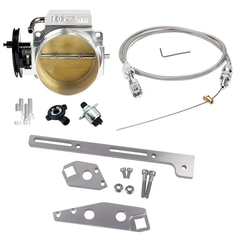 ตัวเร่งคุณภาพสูงขนาด 102 มม. แบบ 4 โบลต์ พร้อม TPS IAC+สายเร่ง สำหรับ CHEVY LSX LS1 LS2 LS3 LS6 LS7 4.8 5.3 6.0 สีเงินดำ