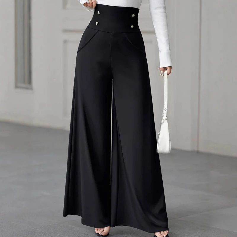 2025, heiß verkaufte neue, minimalistische und elegante, hoch taillierte schwarze Hose mit weitem Bein für Damen