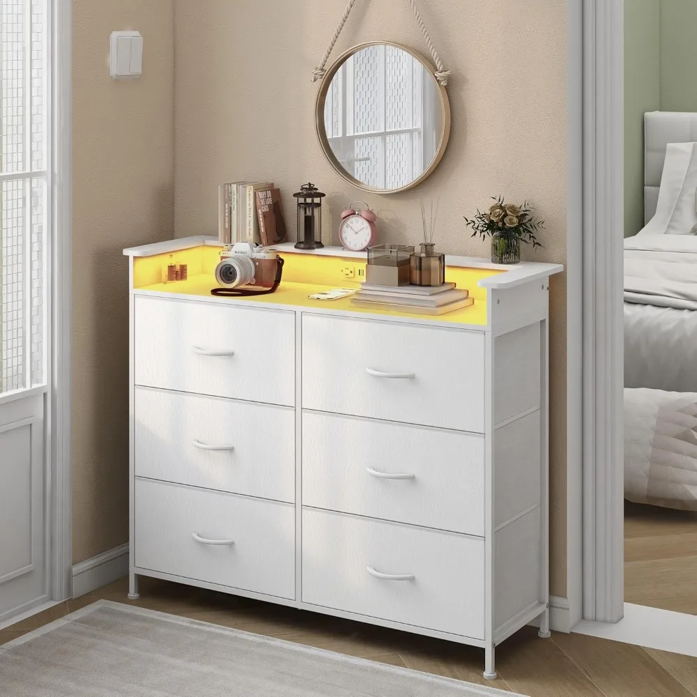 

White Dresser for Bedroom with Charing Station and LED Light 6 Drawer Dresser with PU Finish Fabric Chest of Drawers