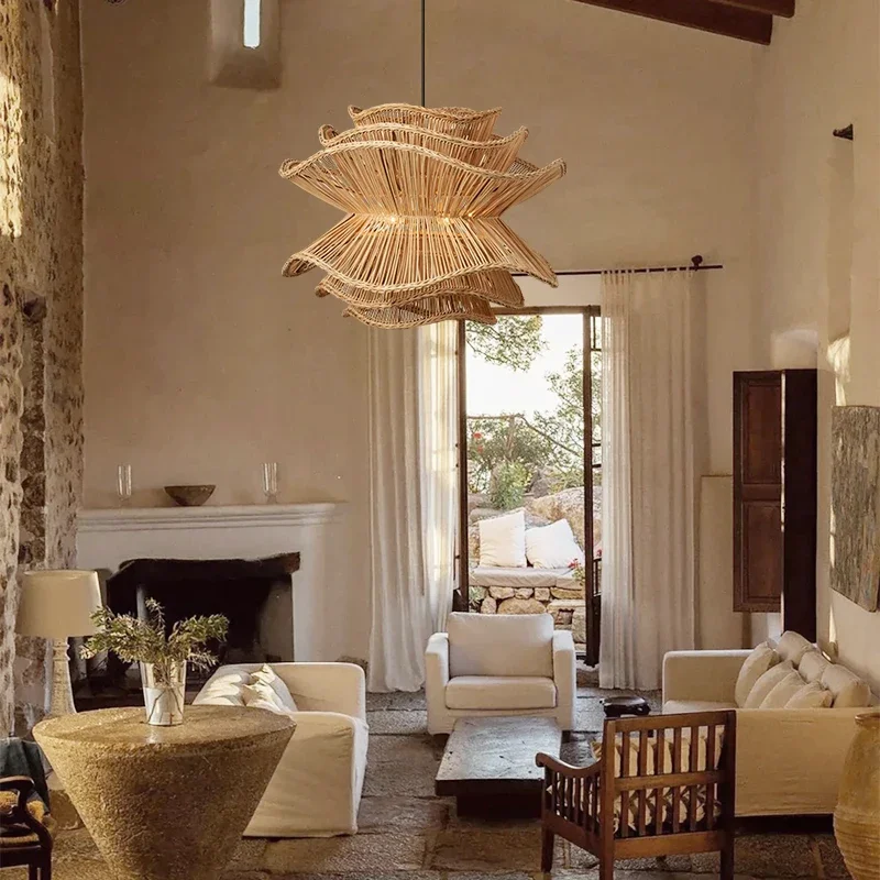 Nordic Creative Multi-level Rattan Pendant Light Retro Hemp Rope Chandelier Living Room Bedroom Wabi-sabi Style LED Hanging Lamp