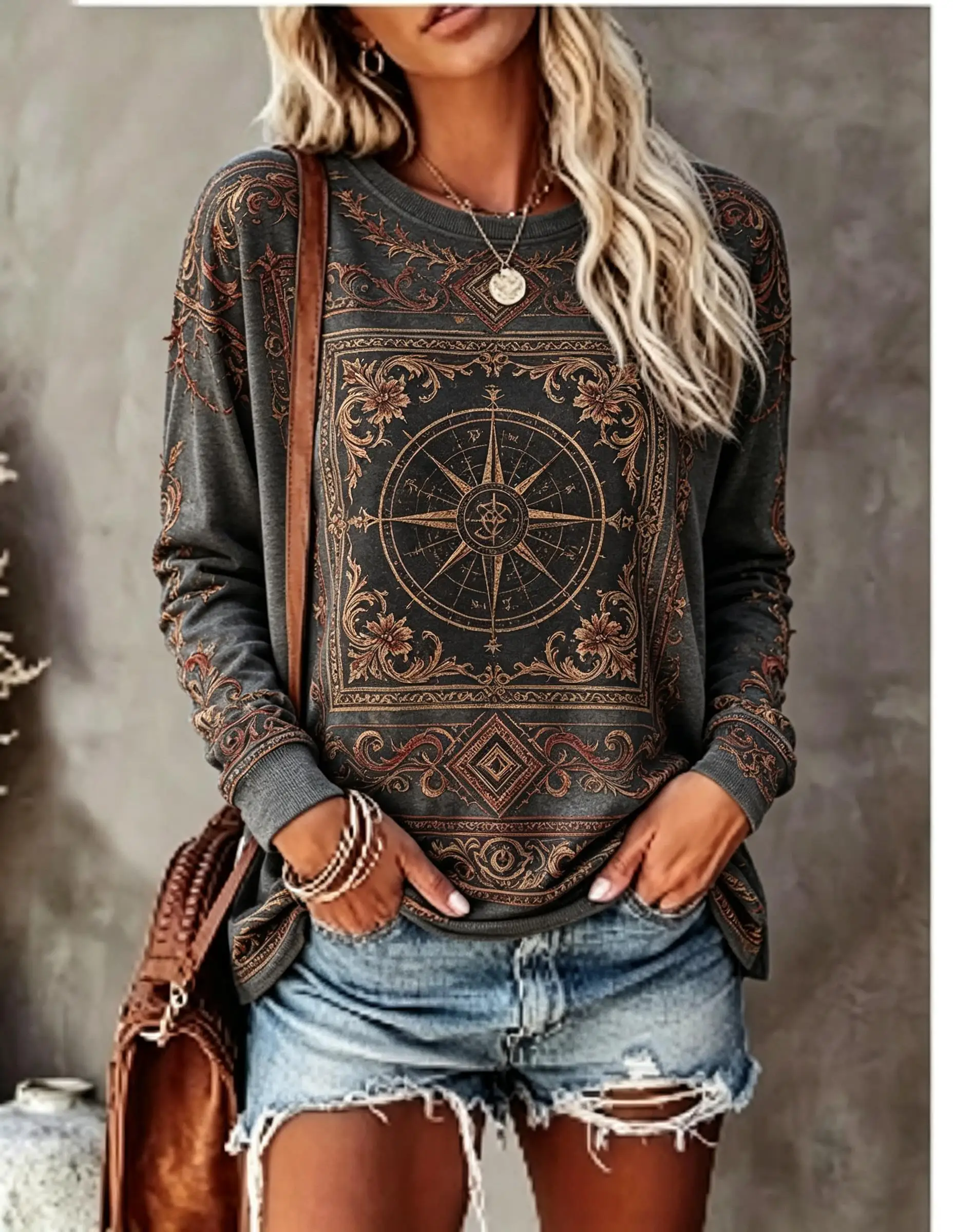 Women Crew Neck Long Sleeve T‑Shirt Boho Ethnic Mandala Tribal Geometric Vintage Ornate Full‑print Casual Loose Pullover Tops