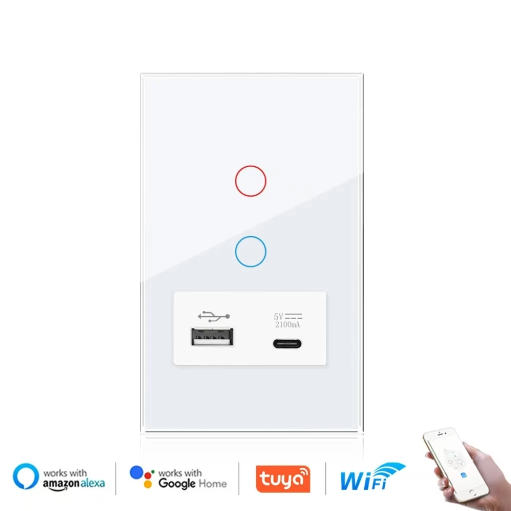 مفتاح مقبس الحائط الزجاجي Tuya Smart Wi-Fi مع USB Type-C، متوافق مع Alexa وcHome Control