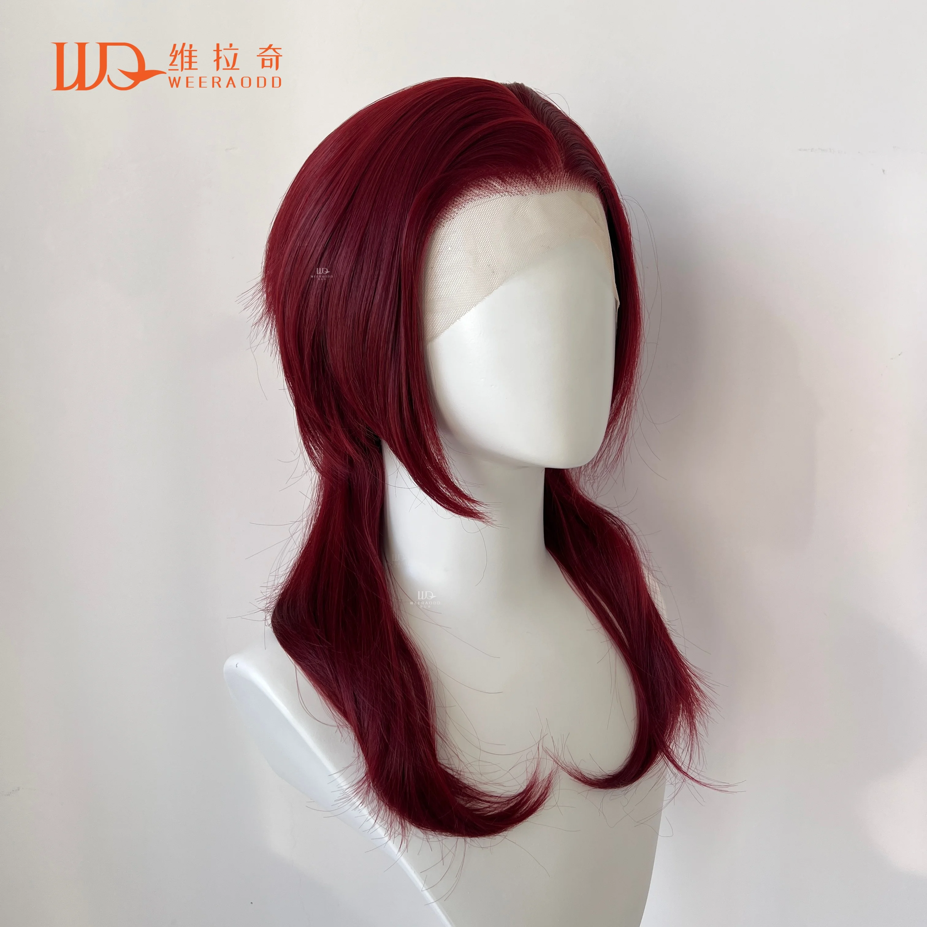 

16-дюймовый темно-красный парик цветахфали длиной до плеч без клея, термостойкое волокно, завязанная вручную линия волос, синтетический парик для косплея, вечеринки