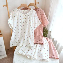 2024 Summer New Women's Pajamas Short Sleeve Shorts Set All Cotton Crepe Pullover Two Piece Loose Sweetheart Home Furnishing