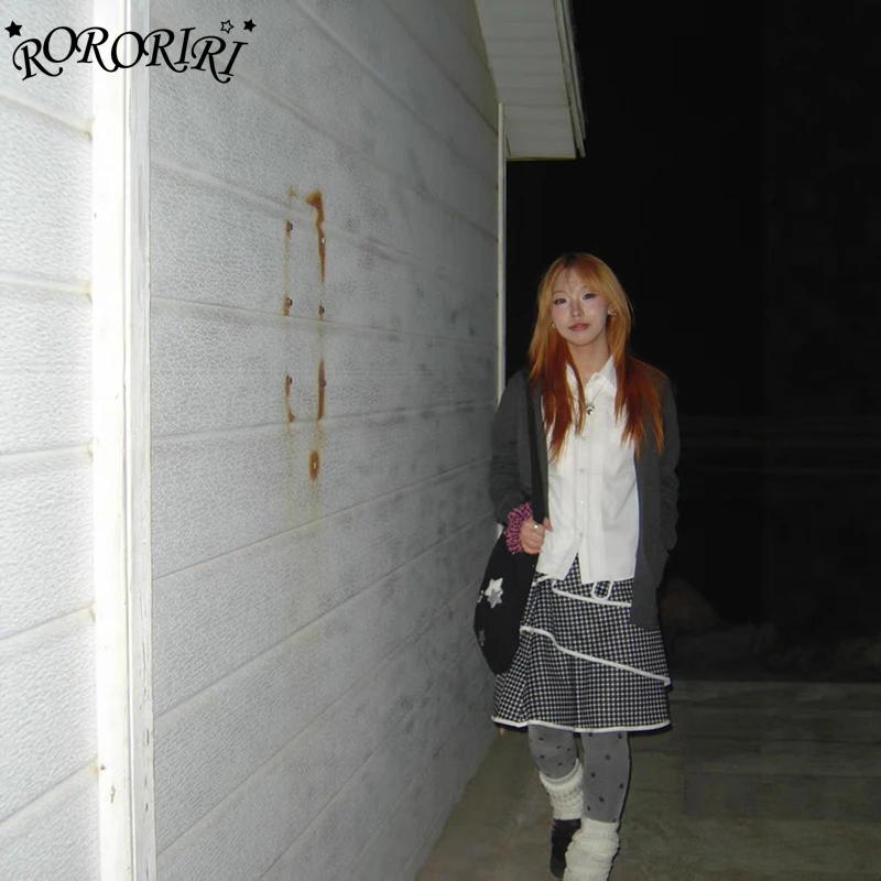 

RORORIRI Plaid Black and White Skirts A-line High Waisted Y2K Bow Decor Knee Length Midi Skirt Layered Tiered Skirt Harajuku