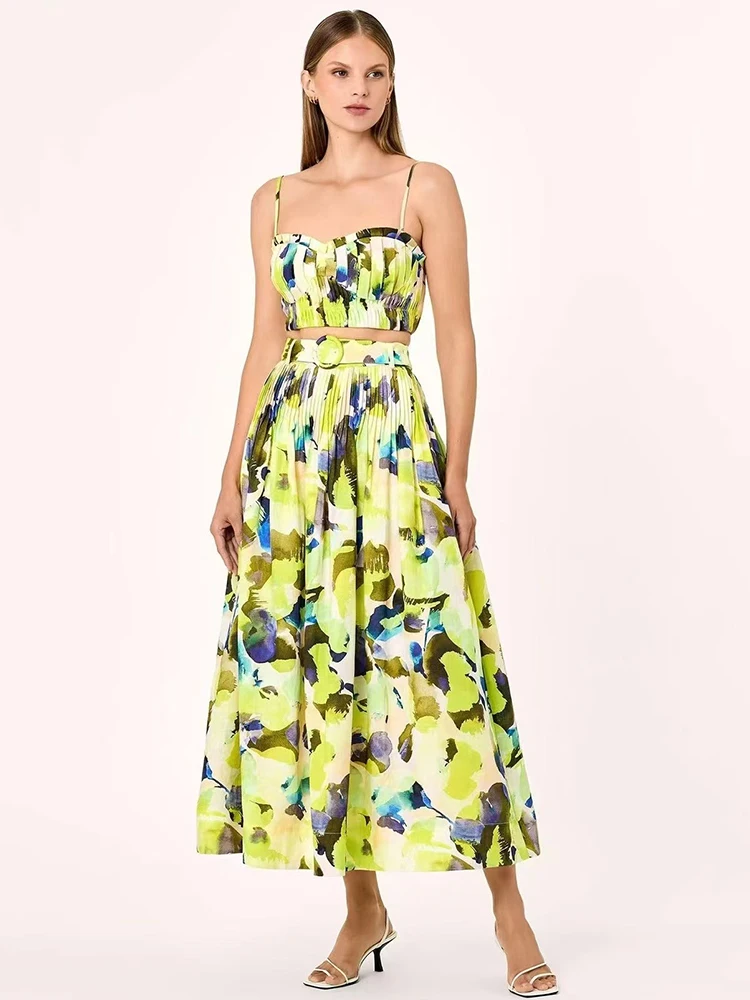 2025 ฤดูร้อนผู้หญิงRetroเรขาคณิตพิมพ์แนวตั้งจีบHalterหน้าอก 2 ชิ้นชุด + สายรัดเอวสูงหลวมจีบกระโปรงชุด