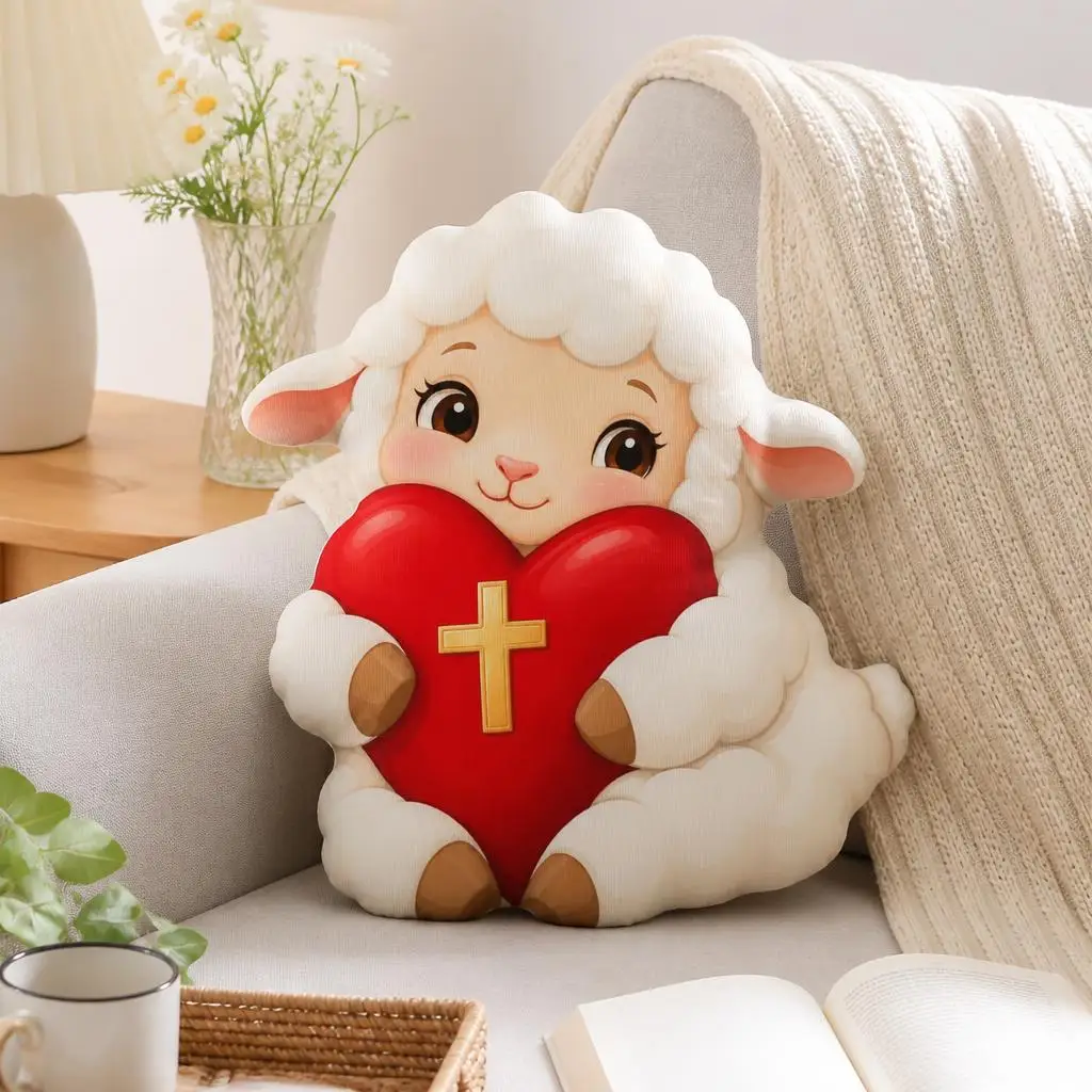 Christian Lamb Heart Cross Shaped Throw Pillow Religious Faith Cushion Cute Cartoon Love Gift for Believers Plush Home Decor
