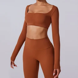 Alpha Women's Square Neck Long Sleeve Yoga Crop Top Workout Athletic Basic Slim Fit Shirt with Removeable Paded