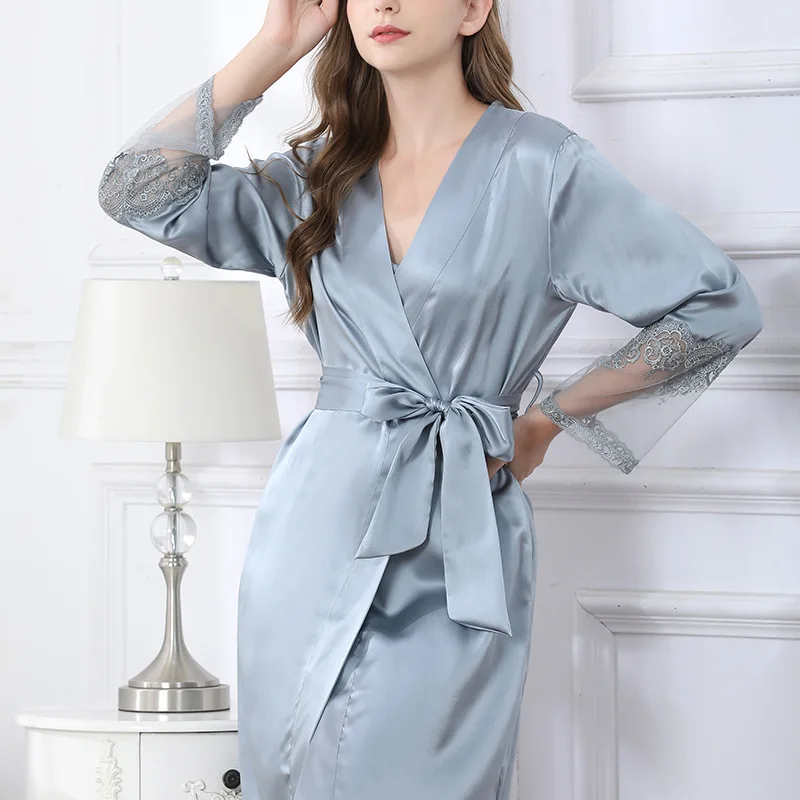 

Real Silk 2Pcs Robe Set 16Mm Nightgown Bathrobe Women Sexy Lace Trim Kimono with Belt Luxury Loungewear Female Party Gift