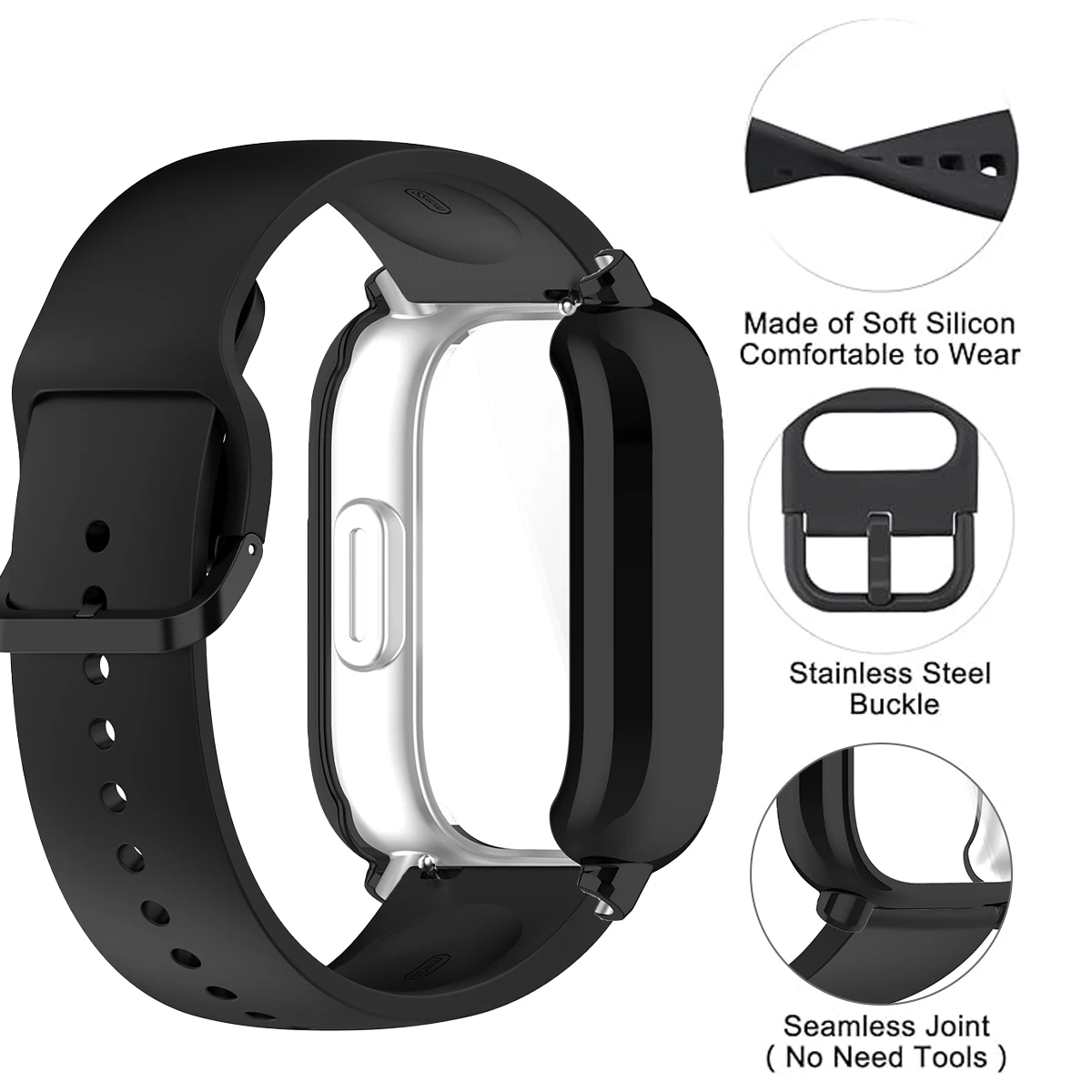 حافظة حماية + حزام سيليكون لساعة Xiaomi Redmi Watch 5 active/5 Lite بغطاء كامل وشاشة من مادة TPU وحزام رياضي ناعم قابل للتنفس