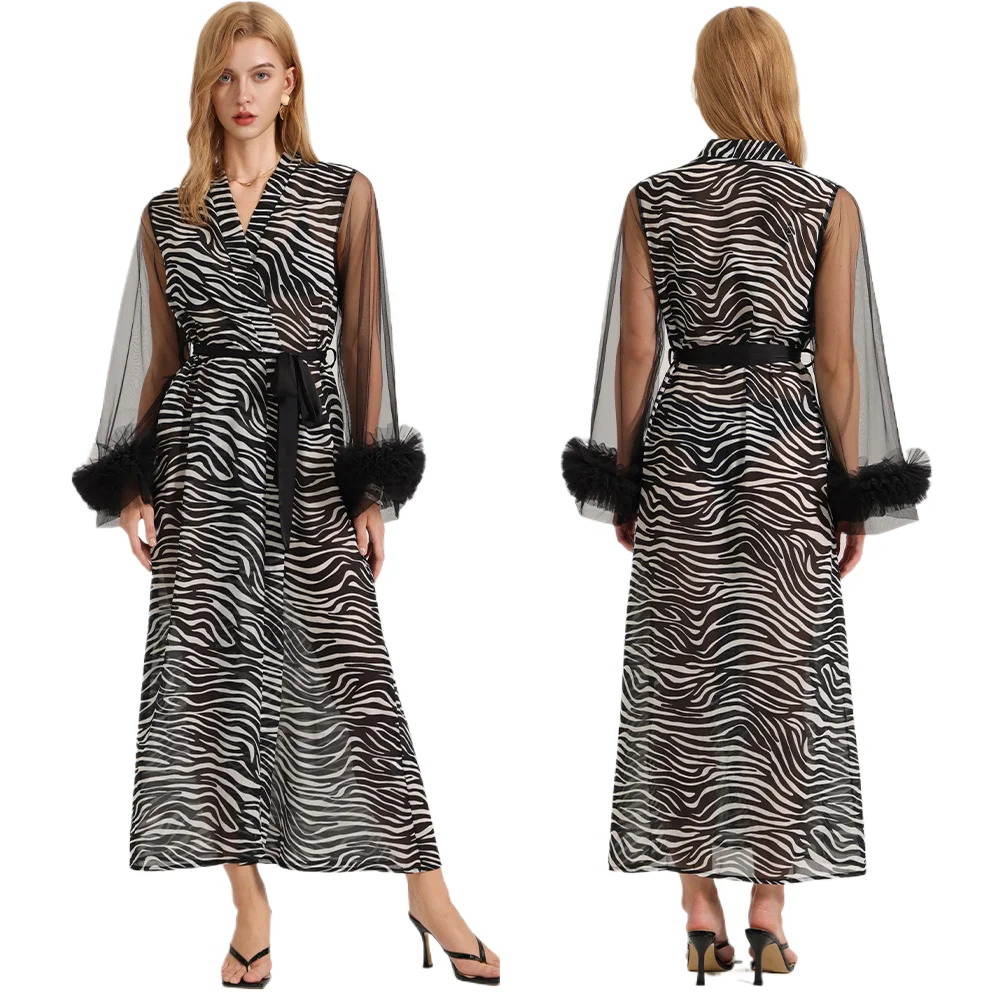 

Fashion Sexy Long Sleeved Zebra Pearl Chiffon Lace Mesh Nightgown for Women's Summer Single Robe Long Skirt Home Wear Pajamas