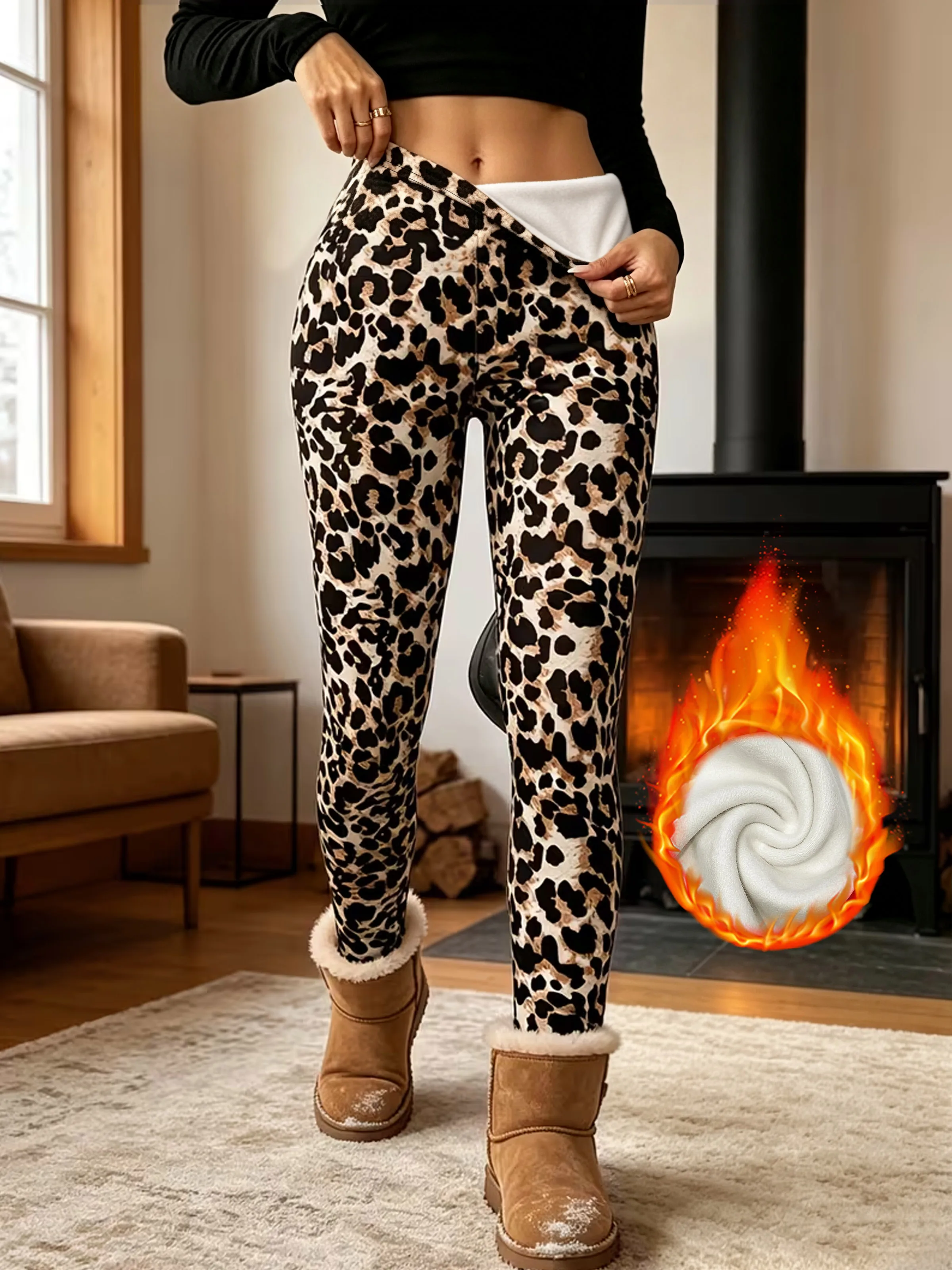 1610 Lion Print High Elastic Slim Fit Winter Fleece-Lined Long Pants Base Layer Trousers for Women Comfortable Stretchy Leggings