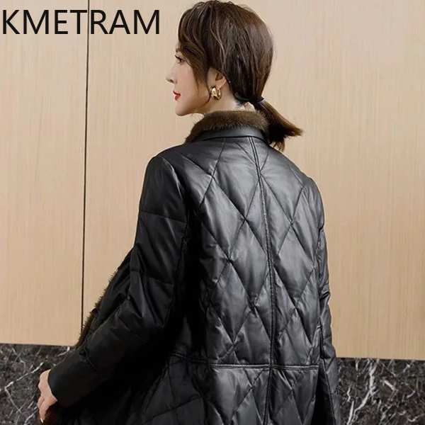 100% جلد الغنم أسفل معاطف النساء جلد طبيعي أسود منتصف طول سترة منفوخة ملابس الشتاء امرأة 2025 ملابس خارجية putaхоovyк