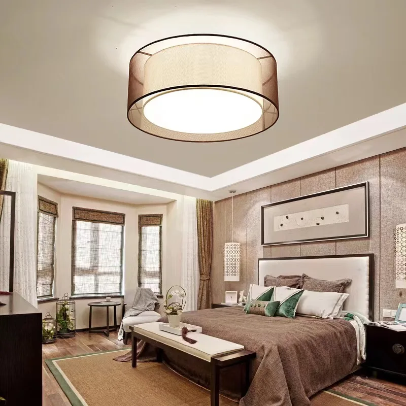 Chinese American Country Cloth Round Ceiling Lamp Dining Room Living Room Bedroom Study Led Round Ceiling Lamp