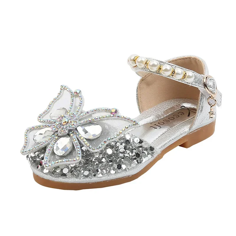 Children\'s Princess Shoes Girls Sandals Butterfly Pattern Pearl Stitching Thread Rhinestone Soft Flat Shoe Fashion Cute Non Slip