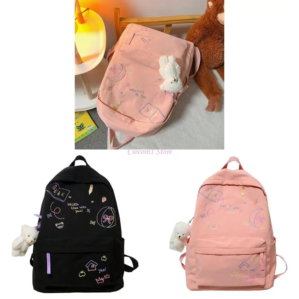 

Y1UB Backpack with Pendant Nylon School Bag for College Teenagers Youth Rucksack Student Casual Daypack Female Bookbag