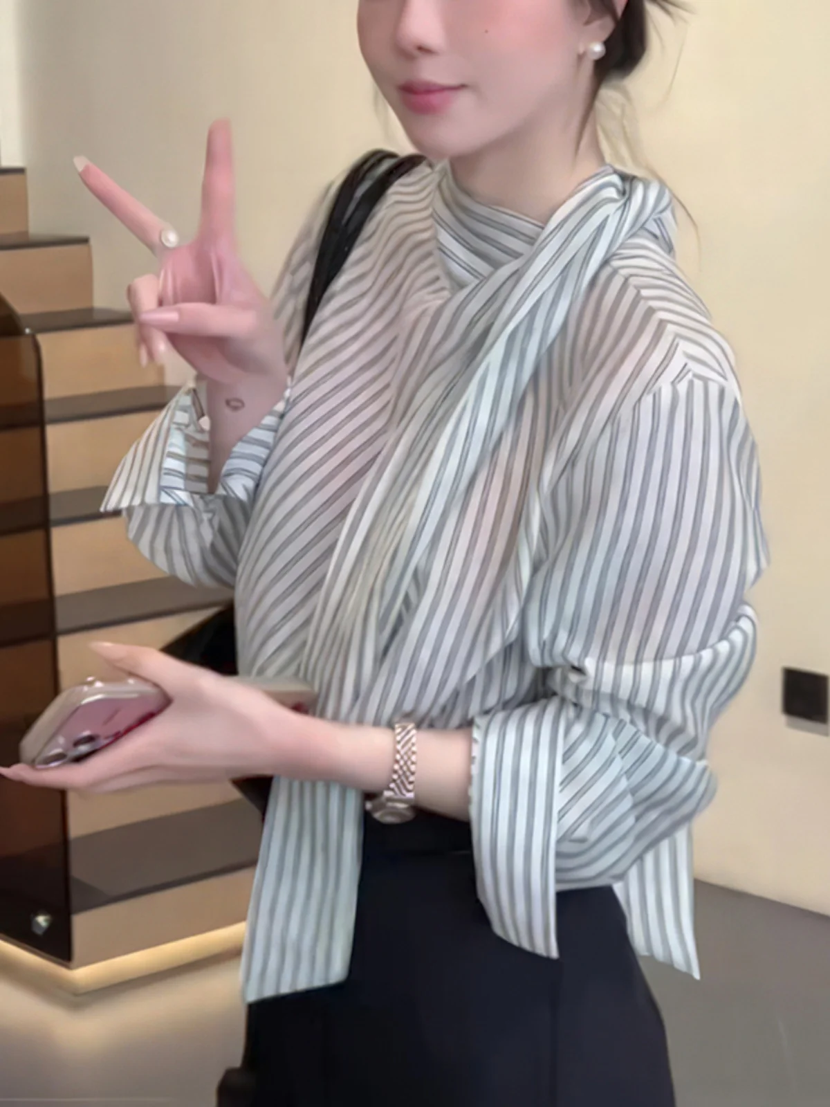 

Elegant Striped Shirt Women's Loose Long Sleeve Spring Autumn 2025 New Simple Versatile Korean Style Casual Inner Wear