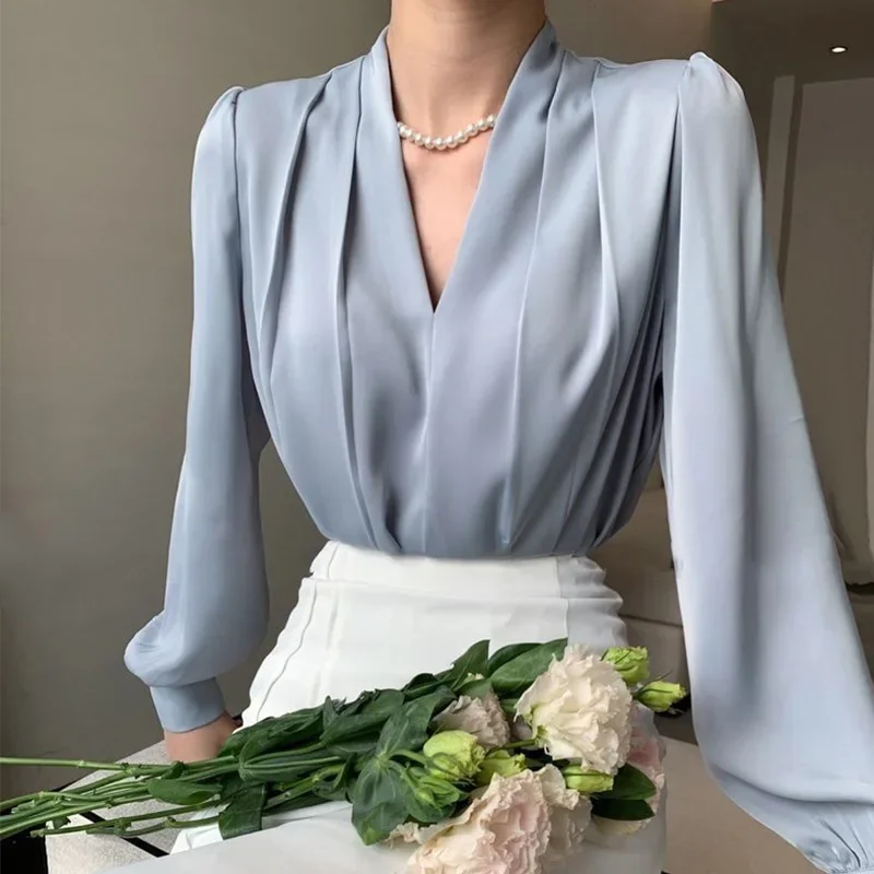 

2024, новая летняя элегантная модная однотонная богемная офисная женская рубашка в нерегулярную полоску с глубоким v-образным вырезом и длинными рукавами, топы