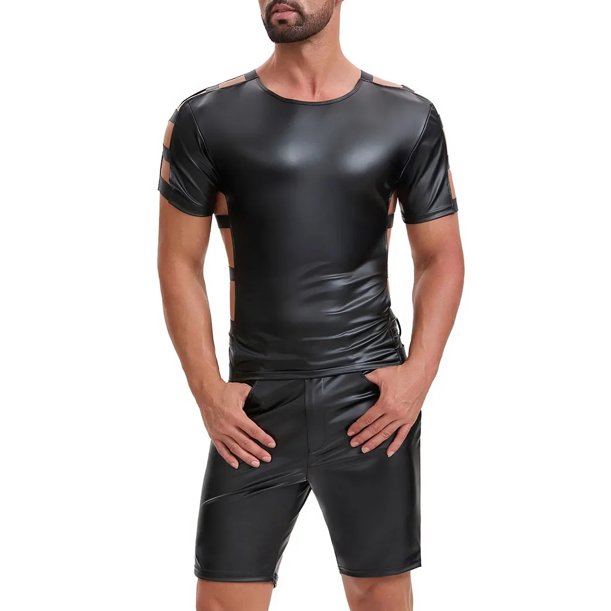 Neues, ausgehöhltes Bandage-PU-Leder-Kurzarm-T-Shirt, Fitness-Top, elastisches Muskelshirt, Gym-T-Shirts, Hot Shapers Shapewear – Detail 6