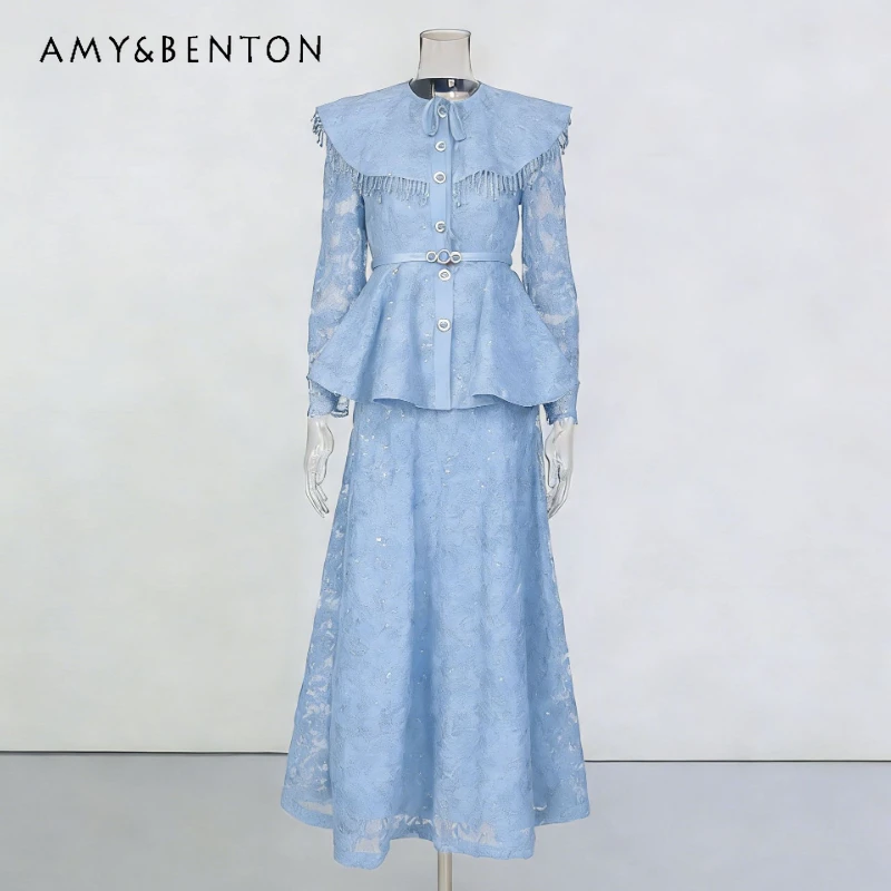 

Court Style Lace Embroidery Blue Skirt Women's Suit 2026 New Large Lapel Waist Ruffled Top A-line Skirts 2-piece Sets Ladies
