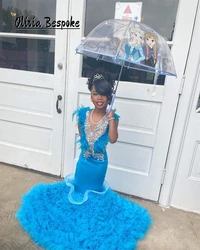 Fantastic Blue Feathers Flower Girls Dresses For Wedding Party Silvery Crystal Tulle Ruched Train Princess Prom Dress Customized