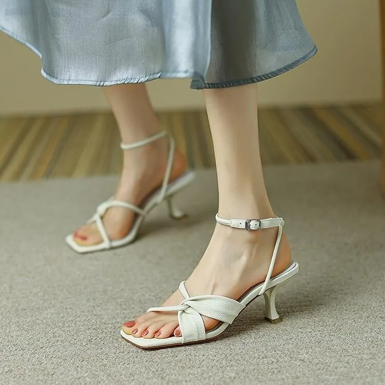 Sandalias de tacón de aguja de Color sólido para mujer, zapatos de vestir con punta cuadrada, elegantes tacones con correa y hebilla