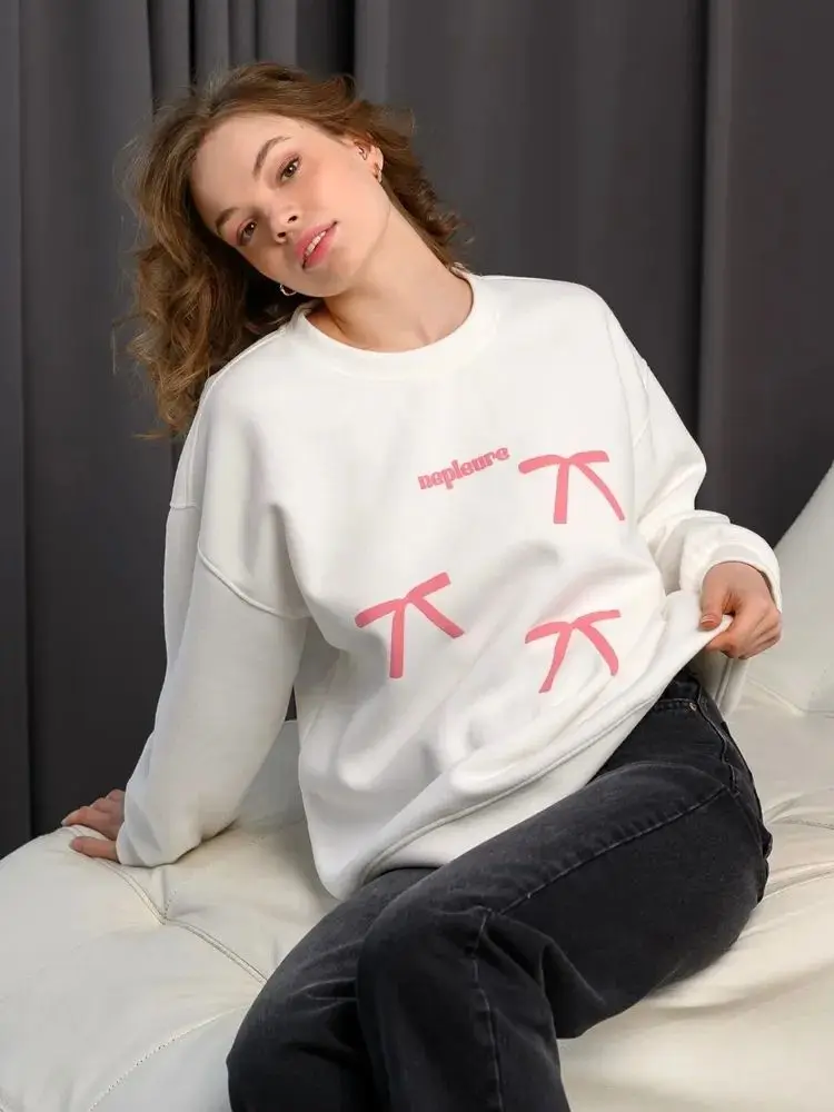 Słodkie College Women Cute Bow Knot Print White Sweatshirts Russian Fashion Design Kawaii Loose Pullover Autumn Trendy Long Sleeve